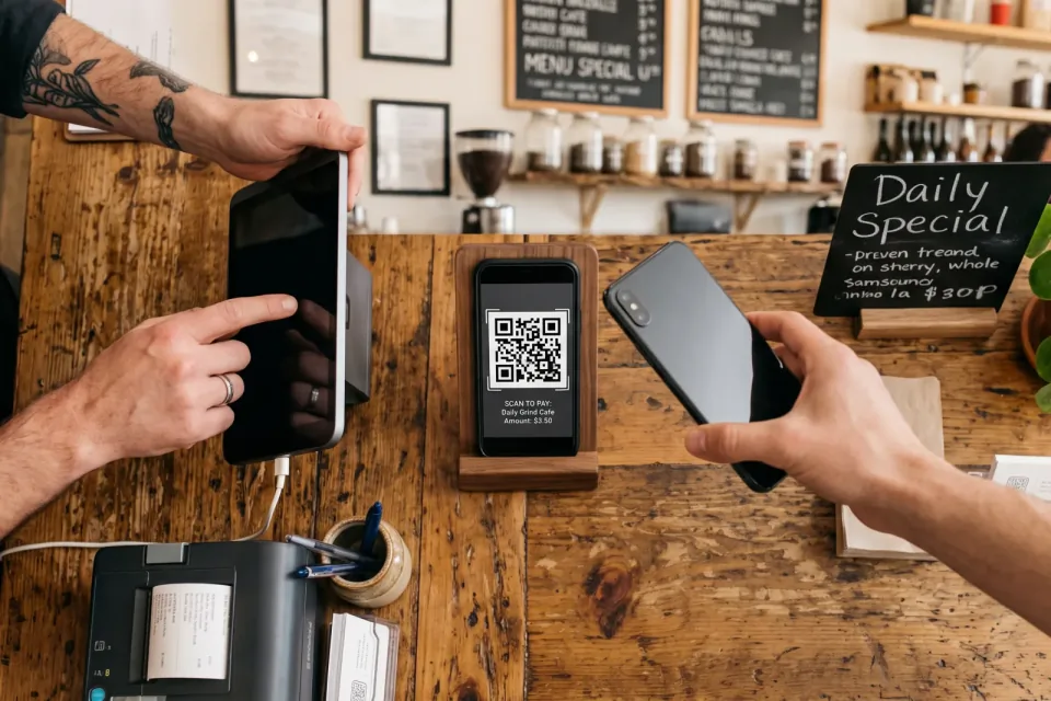 QR-код на екрані телефона та картковий термінал біля прилавка кав'ярні